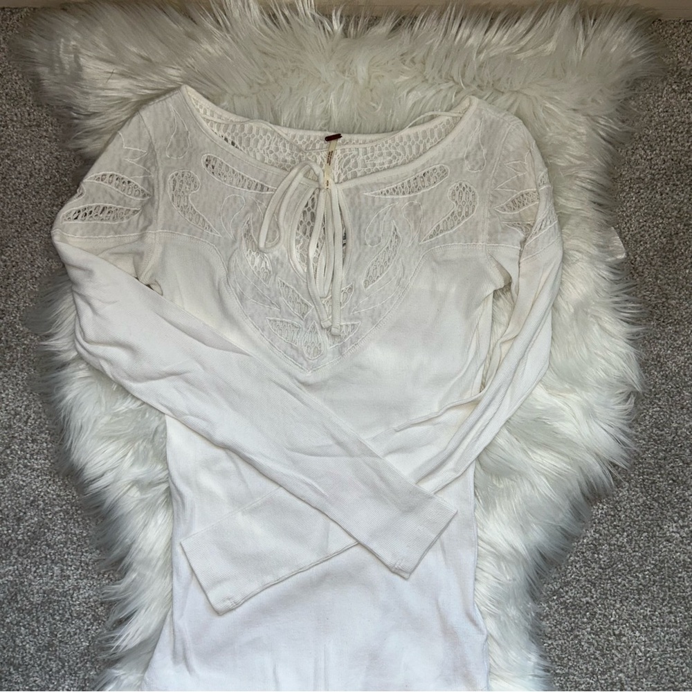 Free People White Long Sleeve Tie Front Blouse